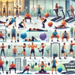 DALL·E 2025-01-17 12.39.44 - A fitness-themed illustration showcasing different workout routines, featuring people engaging in various activities like strength training, cardio, y